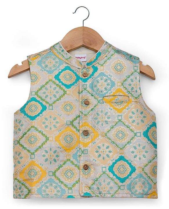 Babyhug Cotton Blend Full Sleeves Kurta Pajama Set with Jacket & Motif Embroidery - Teal Blue