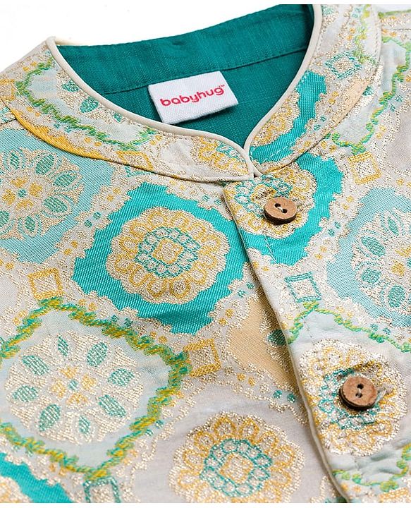 Babyhug Cotton Blend Full Sleeves Kurta Pajama Set with Jacket & Motif Embroidery - Teal Blue