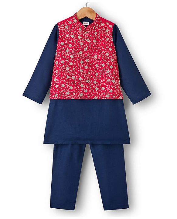 Babyhug Woven Full Sleeves Kurta Pyjama Set With Floral Embroidered Nehru Jacket - Navy Blue