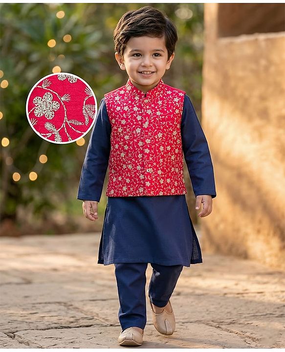 Babyhug Woven Full Sleeves Kurta Pyjama Set With Floral Embroidered Nehru Jacket - Navy Blue