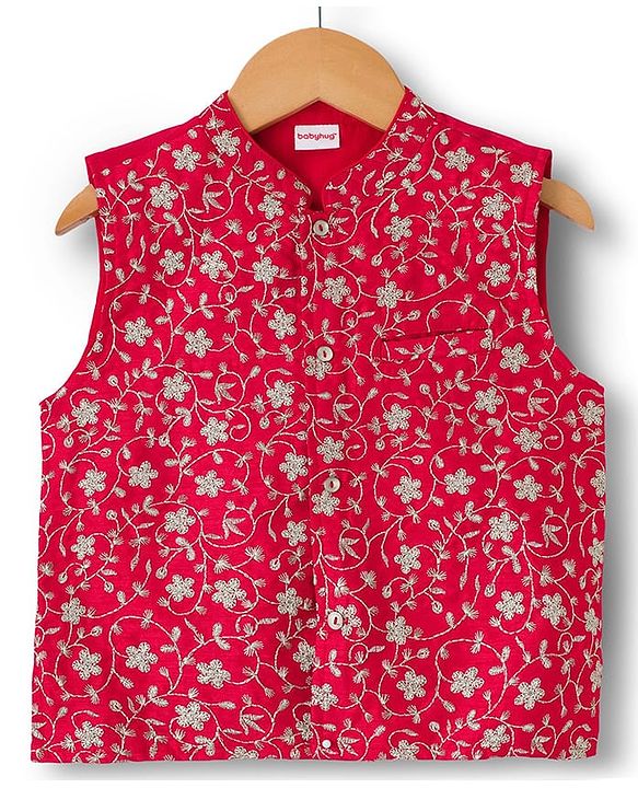 Babyhug Woven Full Sleeves Kurta Pyjama Set With Floral Embroidered Nehru Jacket - Navy Blue