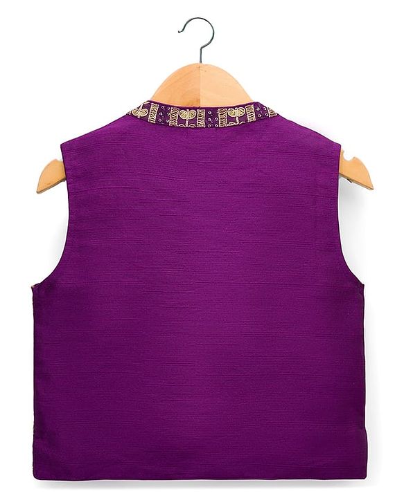 Babyhug Woven Full Sleeves Kurta Pajama & Nehru Jacket with Foil Embroidery - Beige & Purple