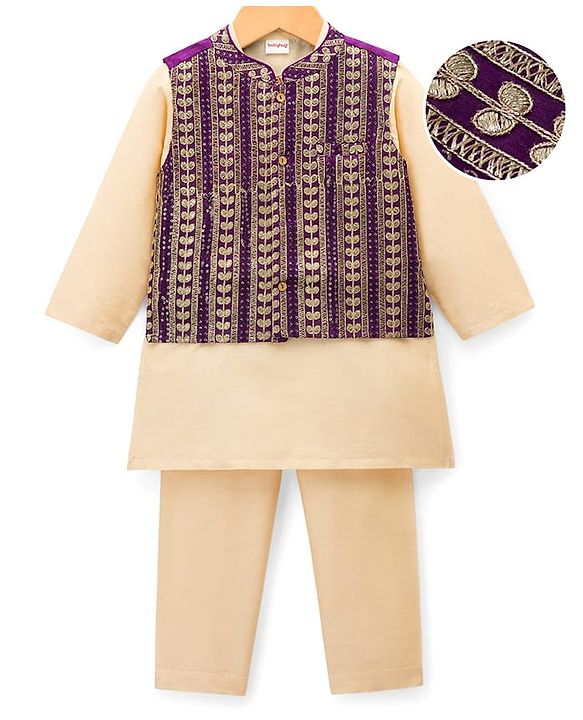 Babyhug Woven Full Sleeves Kurta Pajama & Nehru Jacket with Foil Embroidery - Beige & Purple