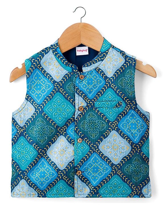 Babyhug Woven Full Sleeves Kurta Pajama & Nehru Jacket with Diamond argyle Print - Teal Blue