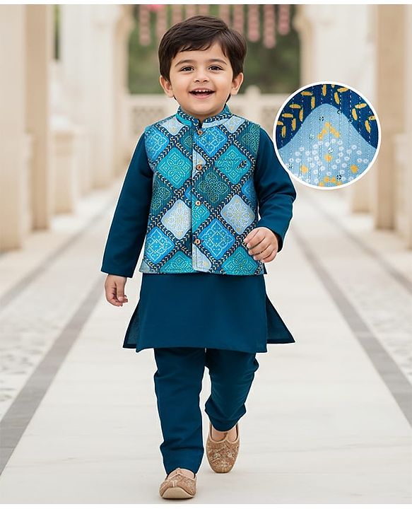 Babyhug Woven Full Sleeves Kurta Pajama & Nehru Jacket with Diamond argyle Print - Teal Blue