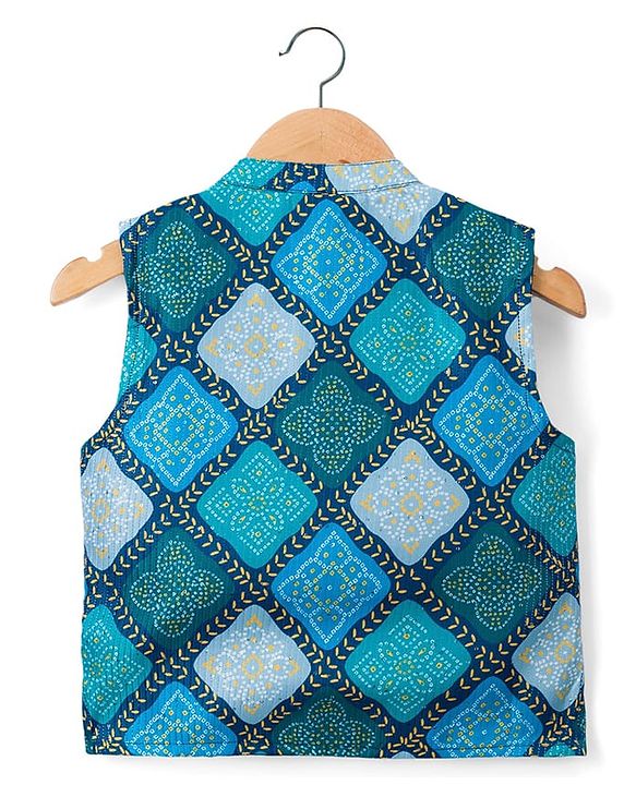 Babyhug Woven Full Sleeves Kurta Pajama & Nehru Jacket with Diamond argyle Print - Teal Blue