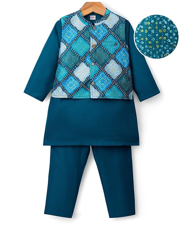 Babyhug Woven Full Sleeves Kurta Pajama & Nehru Jacket with Diamond argyle Print - Teal Blue