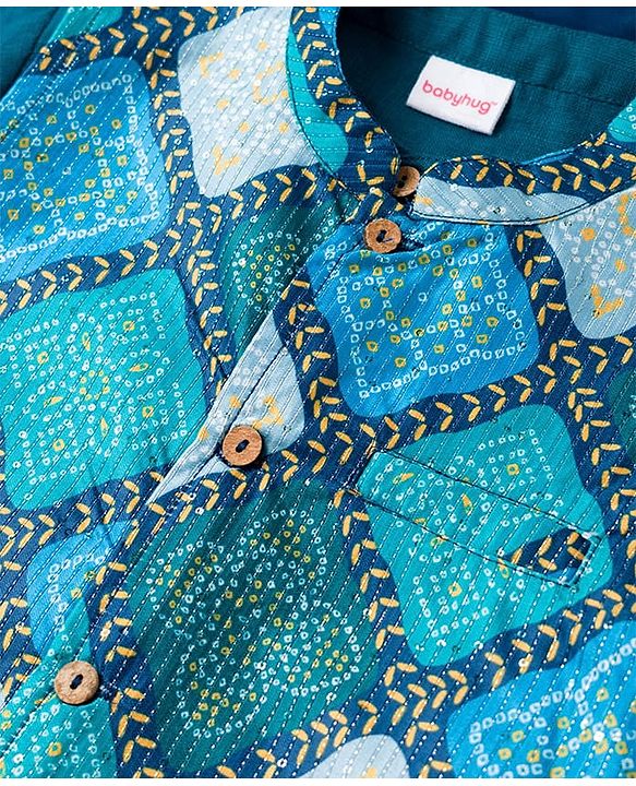 Babyhug Woven Full Sleeves Kurta Pajama & Nehru Jacket with Diamond argyle Print - Teal Blue