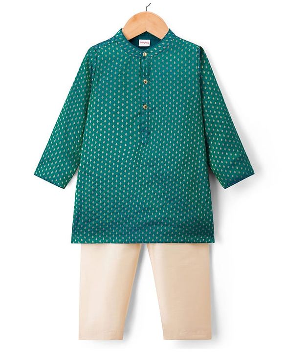 Babyhug Brocade Woven Full Sleeves Kurta Pajama Set With Floral Foil Print - Dark Green