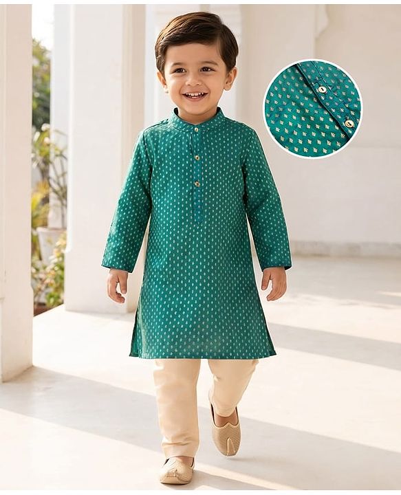 Babyhug Brocade Woven Full Sleeves Kurta Pajama Set With Floral Foil Print - Dark Green