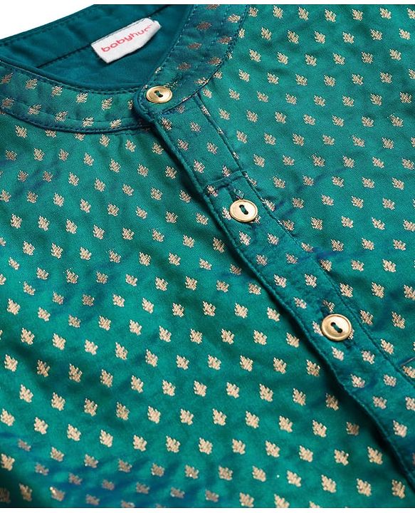 Babyhug Brocade Woven Full Sleeves Kurta Pajama Set With Floral Foil Print - Dark Green