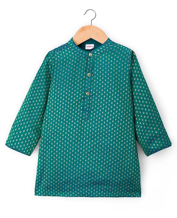 Babyhug Brocade Woven Full Sleeves Kurta Pajama Set With Floral Foil Print - Dark Green