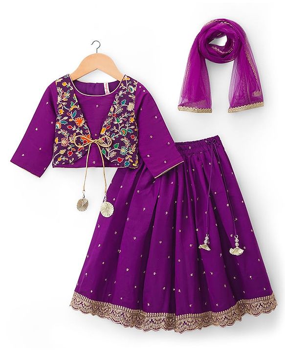 Babyhug Lurex Woven Three Fourth Sleeves Choli Lehenga & Dupatta Set With Floral Embriodery - Purple