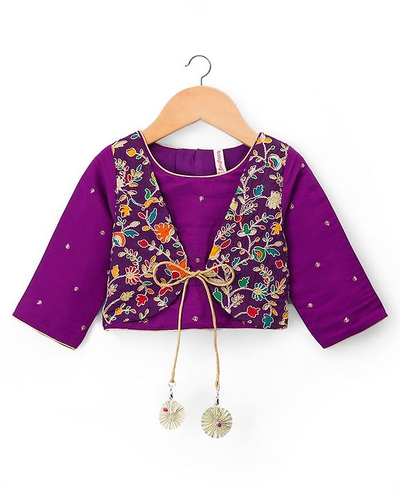 Babyhug Lurex Woven Three Fourth Sleeves Choli Lehenga & Dupatta Set With Floral Embriodery - Purple