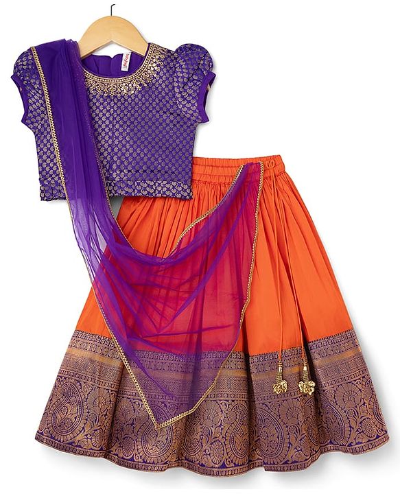 Babyhug Brocade Woven Half Sleeves Pattu Pavda Choli Lehenga & Dupatta Set With Floral Print & Embroidery - Orange & Purple