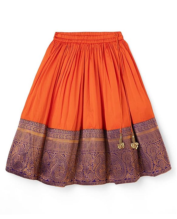 Babyhug Brocade Woven Half Sleeves Pattu Pavda Choli Lehenga & Dupatta Set With Floral Print & Embroidery - Orange & Purple
