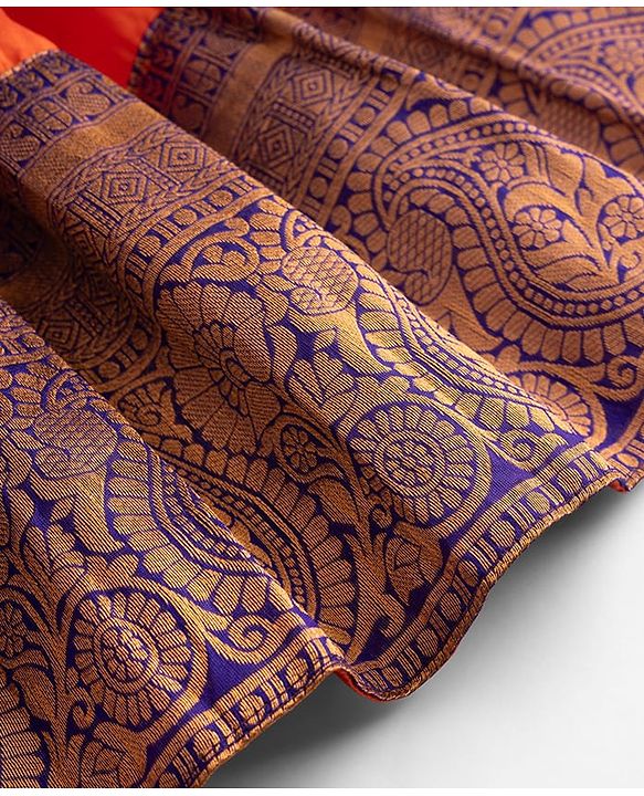 Babyhug Brocade Woven Half Sleeves Pattu Pavda Choli Lehenga & Dupatta Set With Floral Print & Embroidery - Orange & Purple