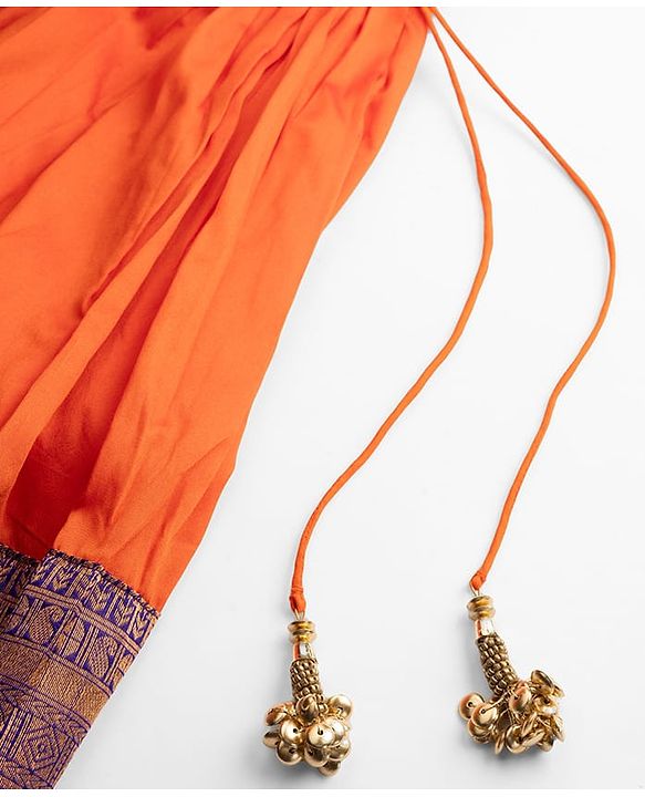 Babyhug Brocade Woven Half Sleeves Pattu Pavda Choli Lehenga & Dupatta Set With Floral Print & Embroidery - Orange & Purple