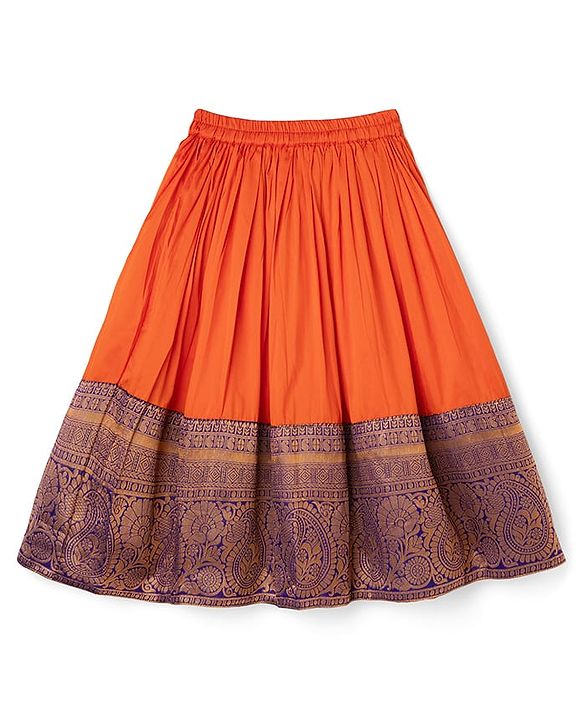Babyhug Brocade Woven Half Sleeves Pattu Pavda Choli Lehenga & Dupatta Set With Floral Print & Embroidery - Orange & Purple