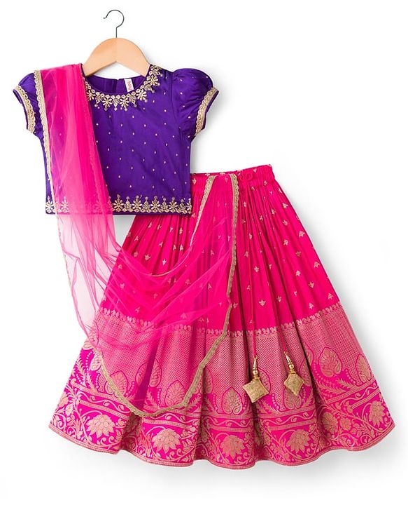 Babyhug Brocade Woven Half Sleeves Pattu Pavda Choli Lehenga & Dupatta Set With Floral Embriodery - Fuschia