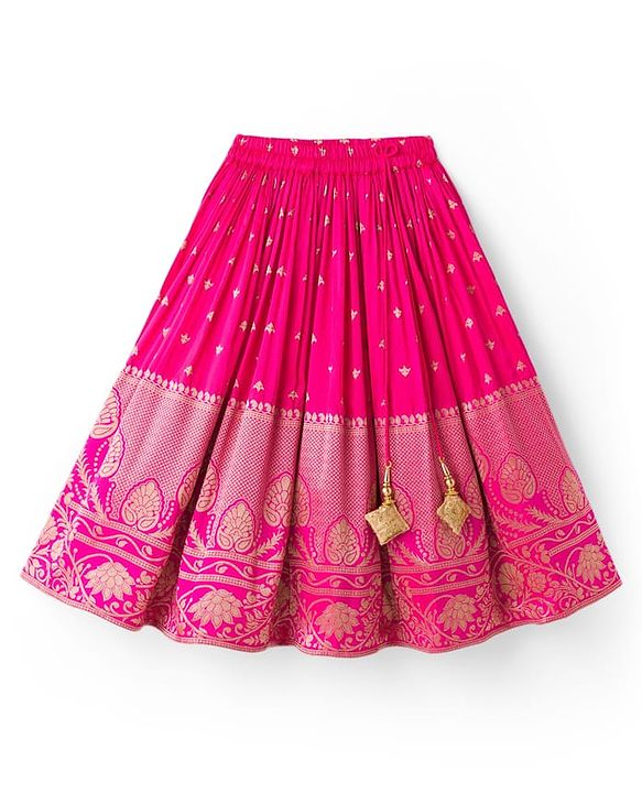 Babyhug Brocade Woven Half Sleeves Pattu Pavda Choli Lehenga & Dupatta Set With Floral Embriodery - Fuschia