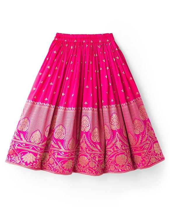 Babyhug Brocade Woven Half Sleeves Pattu Pavda Choli Lehenga & Dupatta Set With Floral Embriodery - Fuschia