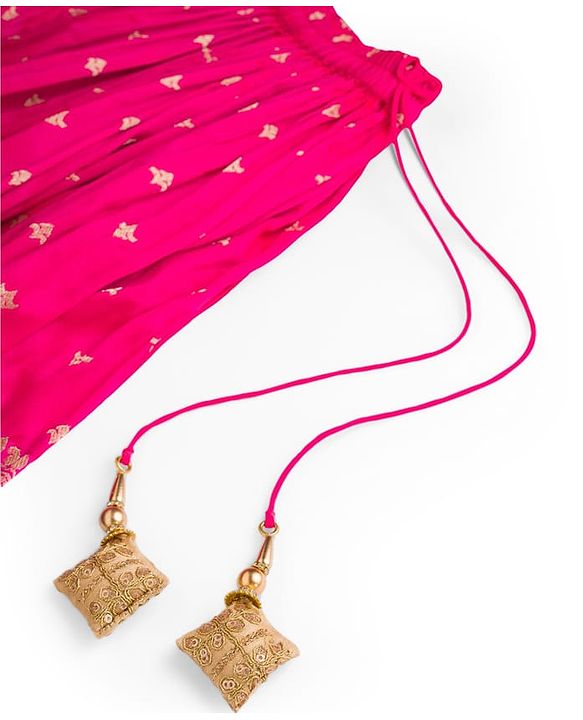 Babyhug Brocade Woven Half Sleeves Pattu Pavda Choli Lehenga & Dupatta Set With Floral Embriodery - Fuschia