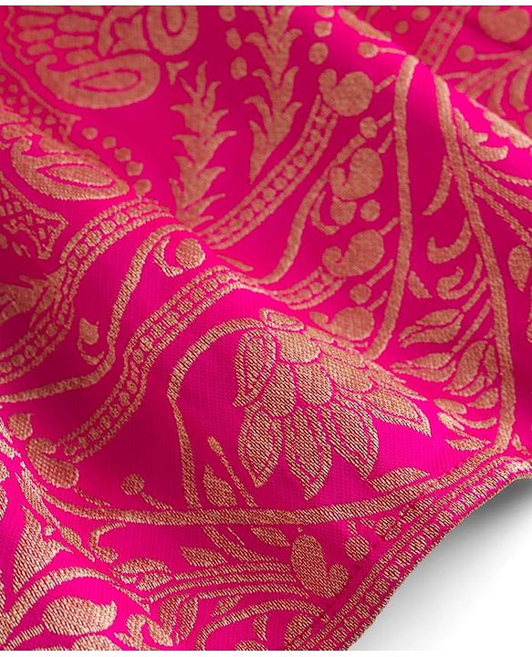 Babyhug Brocade Woven Half Sleeves Pattu Pavda Choli Lehenga & Dupatta Set With Floral Embriodery - Fuschia
