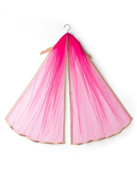 Babyhug Brocade Woven Half Sleeves Pattu Pavda Choli Lehenga & Dupatta Set With Floral Embriodery - Fuschia