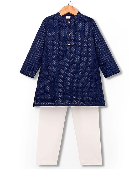 Babyhug Georgette Woven Full Sleeves Kurta Pajama Set with Embroidery - Navy Blue