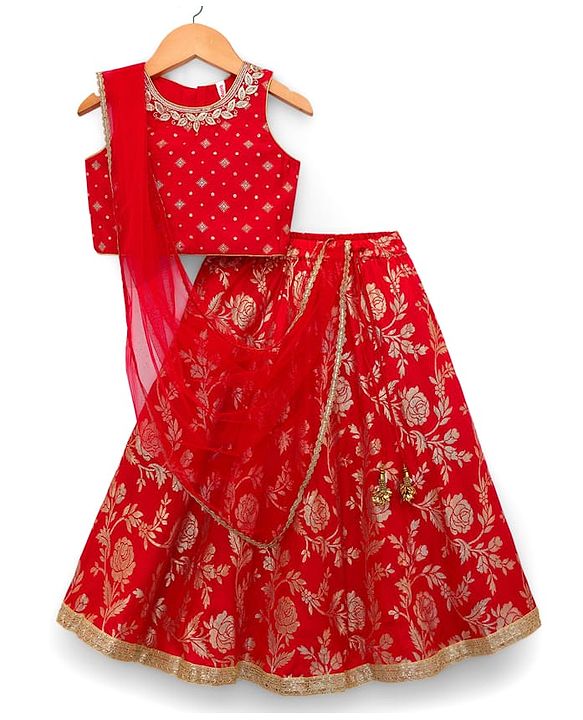 Babyhug Brocade Woven Sleeveless Choli Lehenga Set with Dupatta & Floral Embroidery - Red