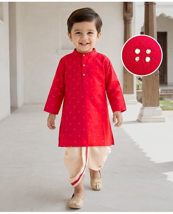 Babyhug Cotton Woven Full Sleeves Kurta Dhoti Set With Foil Print - Red