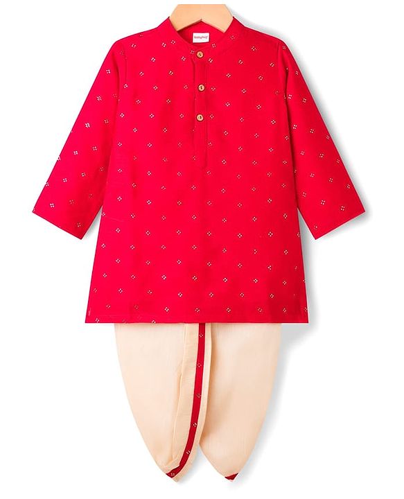 Babyhug Cotton Woven Full Sleeves Kurta Dhoti Set With Foil Print - Red