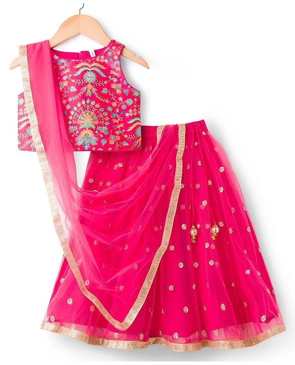 Babyhug Net Woven Sleeveless Choli Lehenga & Dupatta Set With Floral Embriodery - Fuschia