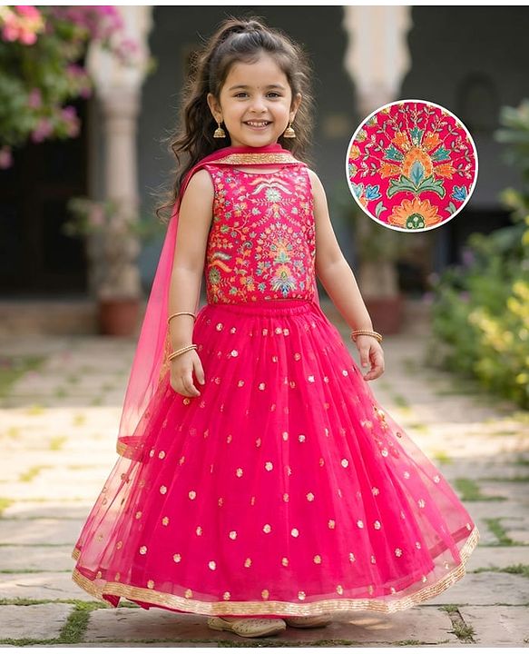 Babyhug Net Woven Sleeveless Choli Lehenga & Dupatta Set With Floral Embriodery - Fuschia