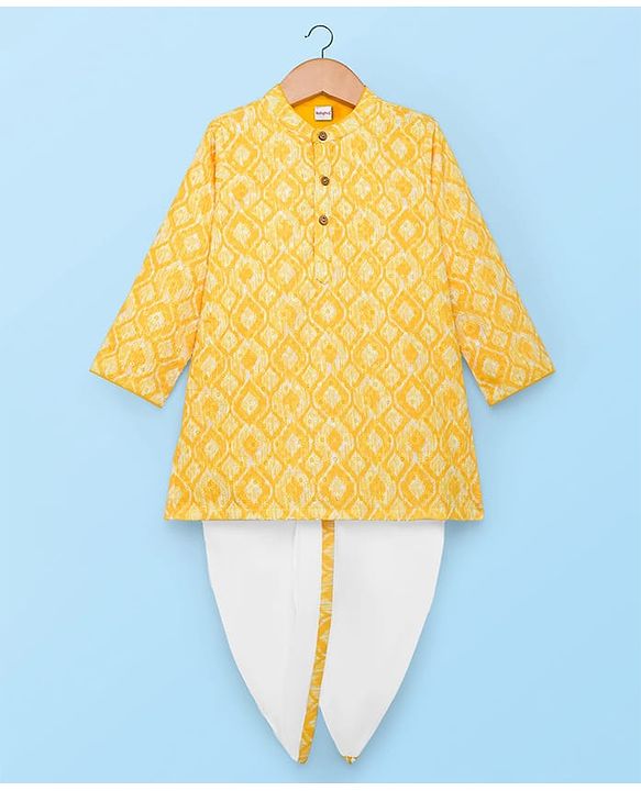 Babyhug Woven Full Sleeves Hakkoba Embroidered  Kurta Dhoti Set -Yellow