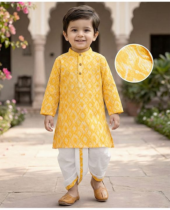 Babyhug Woven Full Sleeves Hakkoba Embroidered  Kurta Dhoti Set -Yellow