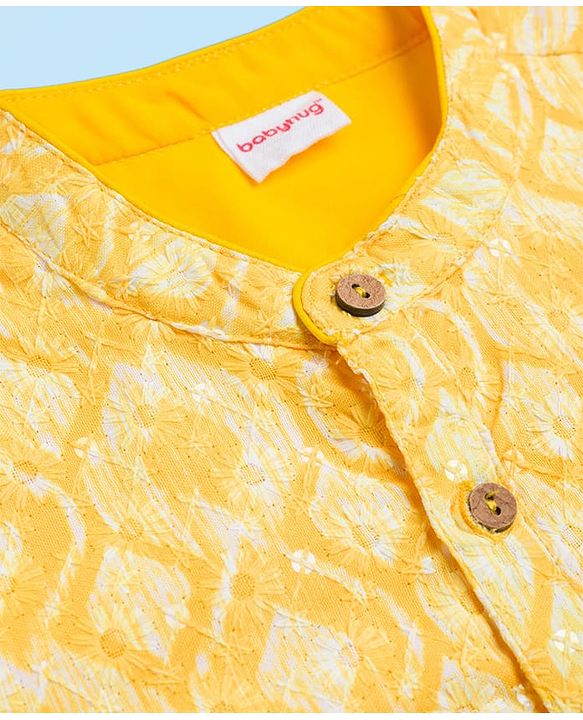 Babyhug Woven Full Sleeves Hakkoba Embroidered  Kurta Dhoti Set -Yellow