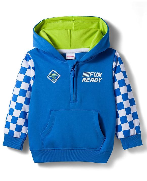 Babyhug Cotton Knit Full Sleeves Hooded Sweatjacket With Text Print & Kangaroo Pockets - Blue