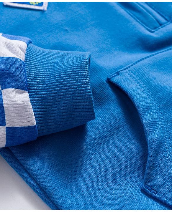 Babyhug Cotton Knit Full Sleeves Hooded Sweatjacket With Text Print & Kangaroo Pockets - Blue