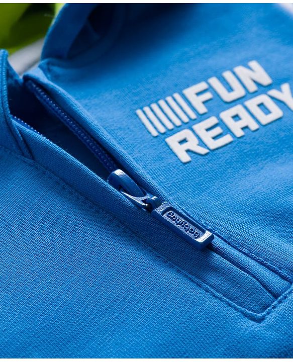 Babyhug Cotton Knit Full Sleeves Hooded Sweatjacket With Text Print & Kangaroo Pockets - Blue