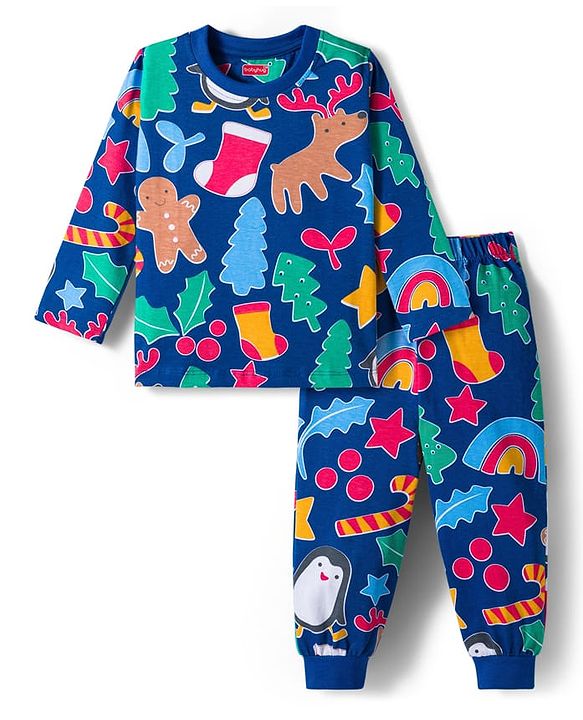 Babyhug Cotton Knit Full Sleeves Co-ords Night Suit With Star Print - Blue