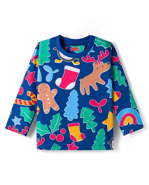 Babyhug Cotton Knit Full Sleeves Co-ords Night Suit With Star Print - Blue