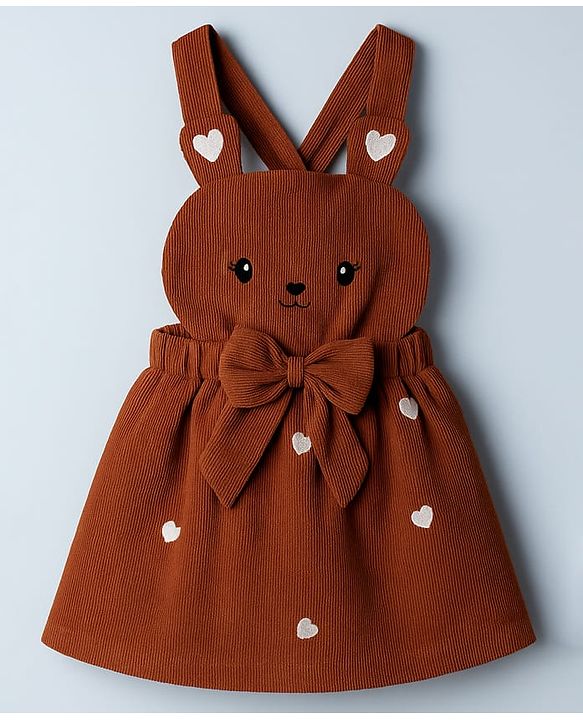 Babyhug Cotton Woven Frock & Full Sleeves Inner Tee With Animal & Heart Embroidery - Brown & White