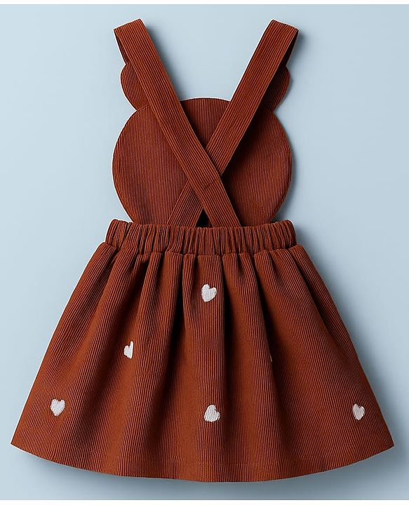 Babyhug Cotton Woven Frock & Full Sleeves Inner Tee With Animal & Heart Embroidery - Brown & White