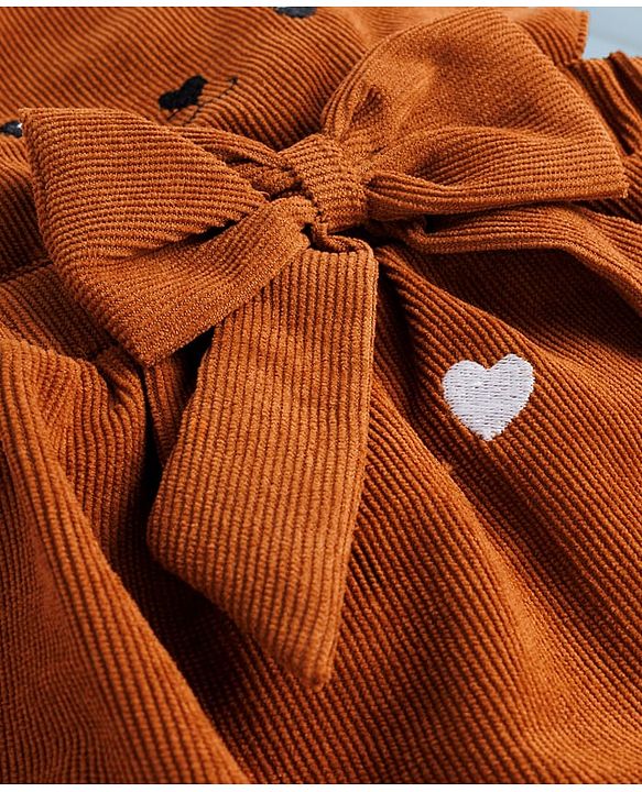 Babyhug Cotton Woven Frock & Full Sleeves Inner Tee With Animal & Heart Embroidery - Brown & White