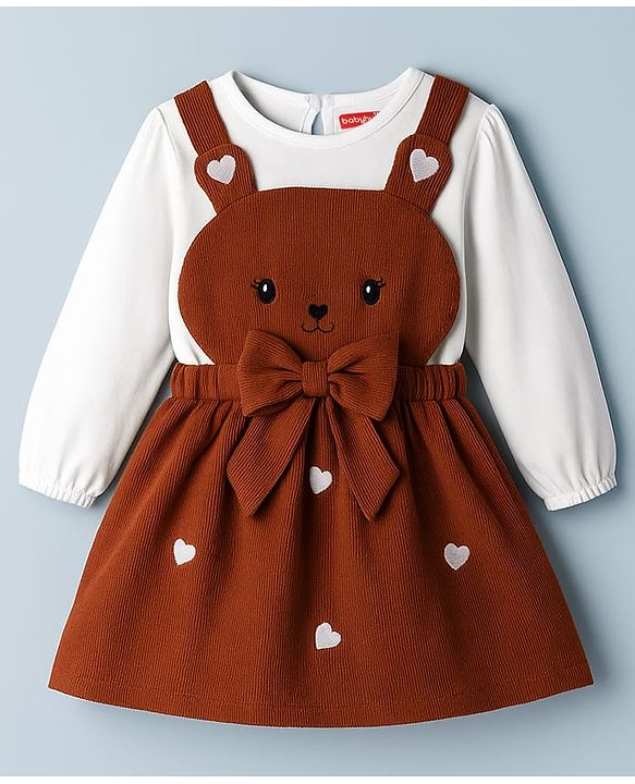 Babyhug Cotton Woven Frock & Full Sleeves Inner Tee With Animal & Heart Embroidery - Brown & White