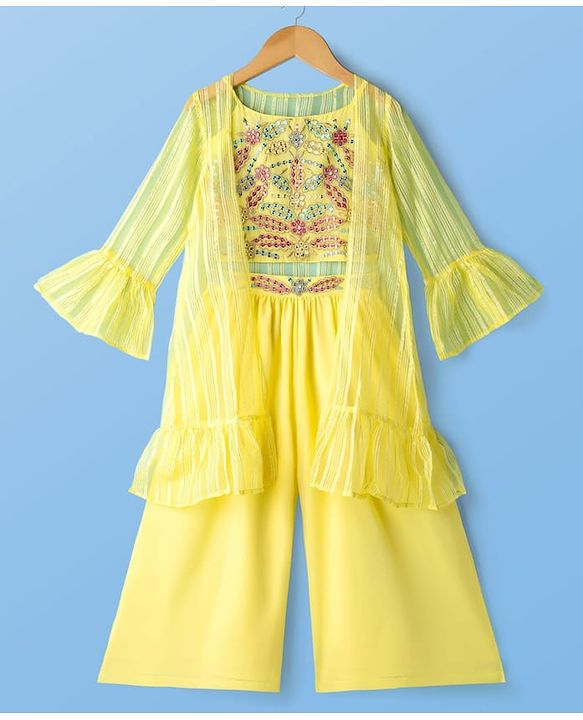 Pine Kids Woven Three Fourth Sleeves Indo Western Set with Jacket Embroidery & Sequin Detailing - Yellow