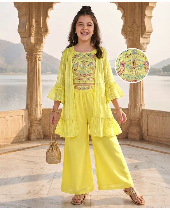 Pine Kids Woven Three Fourth Sleeves Indo Western Set with Jacket Embroidery & Sequin Detailing - Yellow