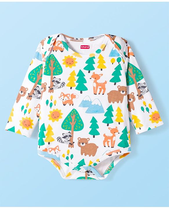 Babyhug 100% Cotton Knit Full Sleeves Onesie with Animal Print - White